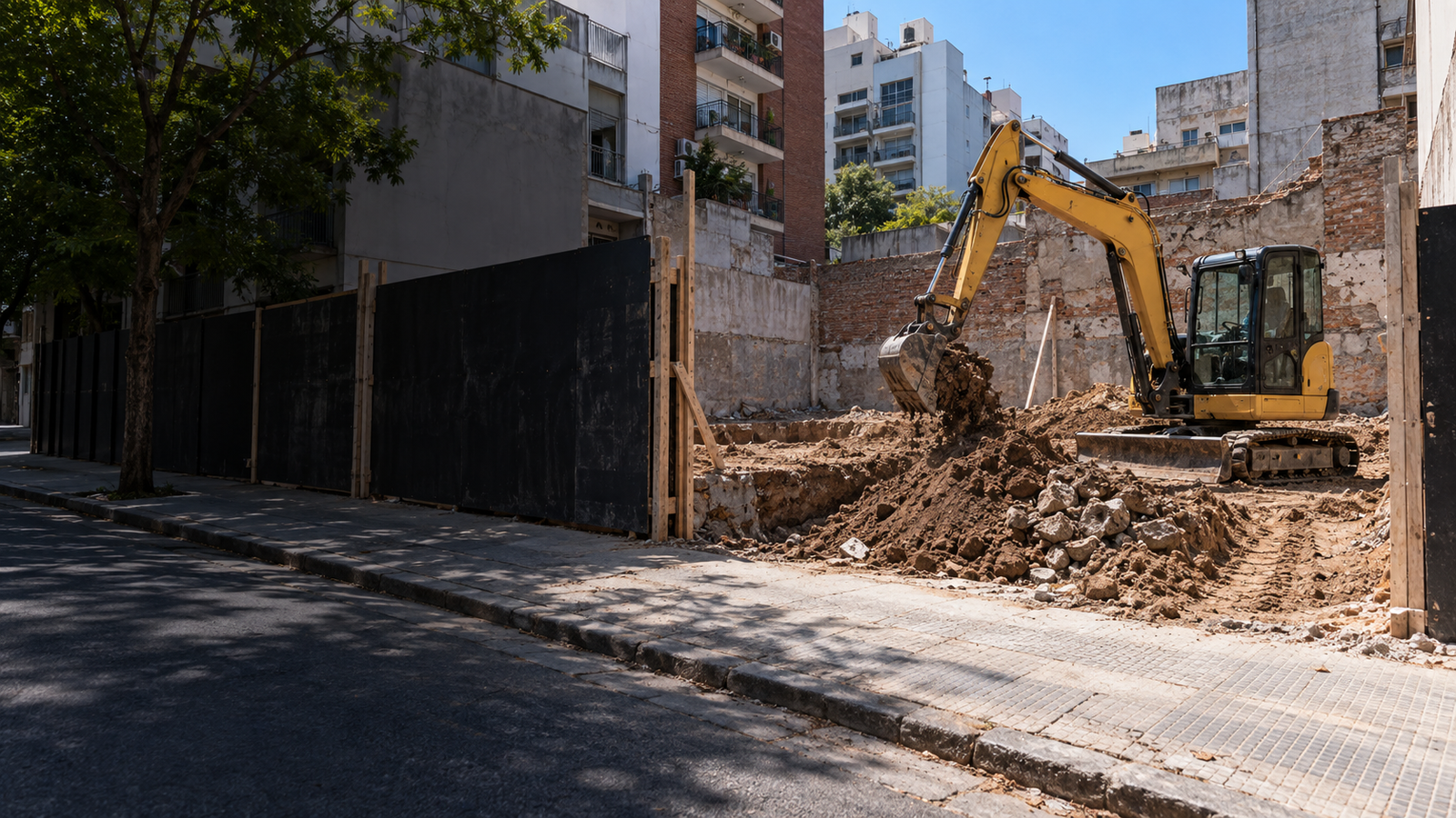 Excavadora en un lote urbano entre edificios de Buenos Aires