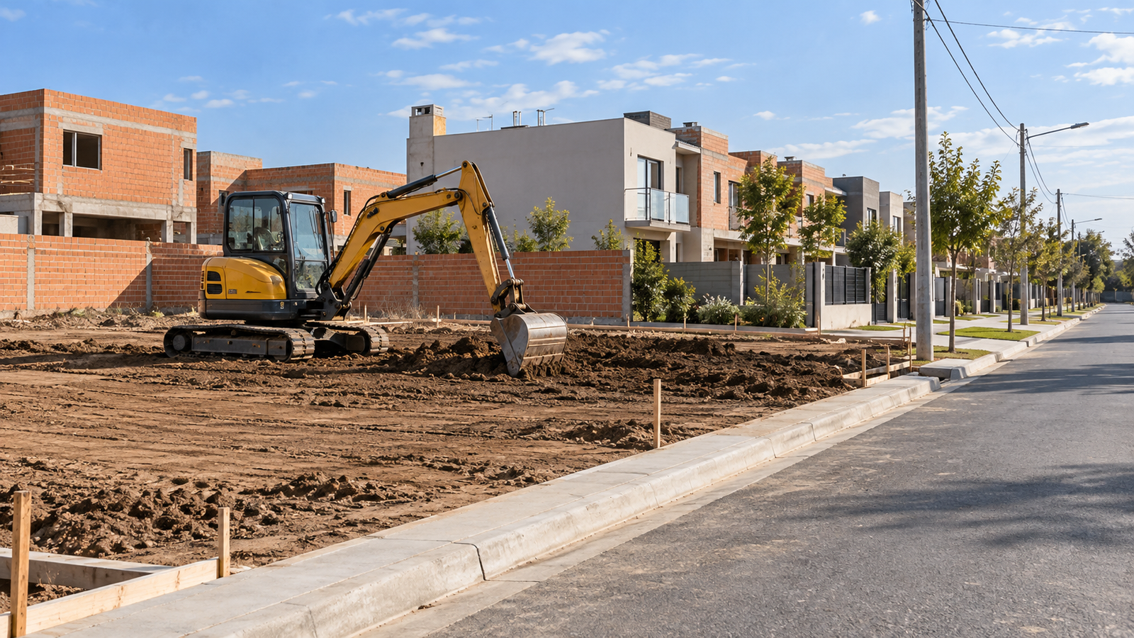 Excavadora preparando un lote en una urbanización del AMBA