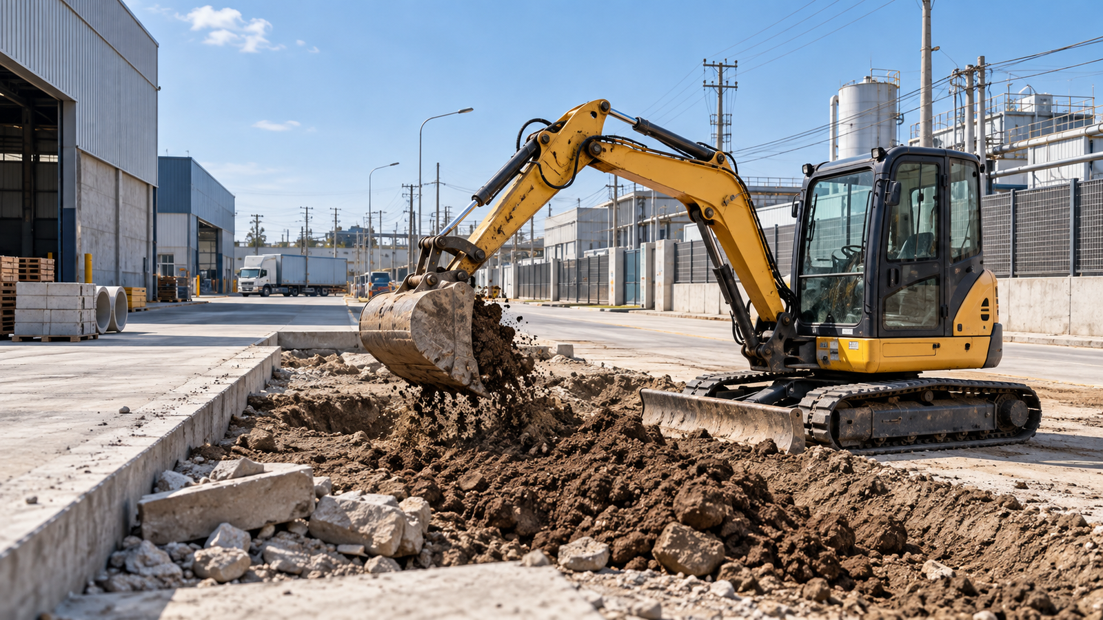 Excavadora trabajando en un frente industrial urbano del AMBA
