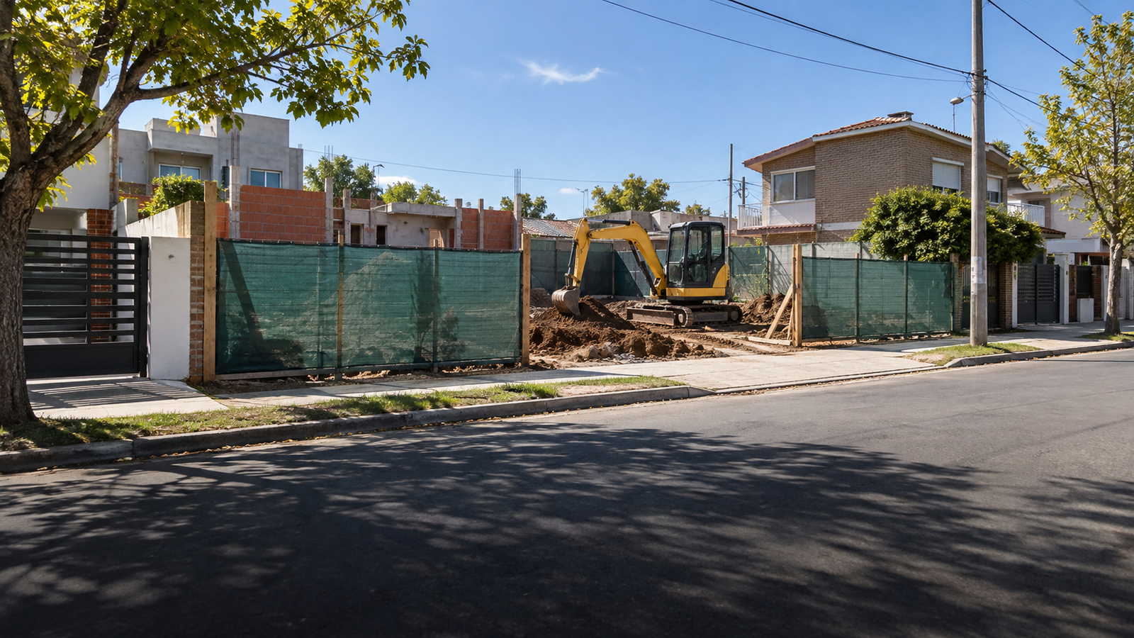 Excavadora en un lote residencial dentro de un barrio urbano del AMBA