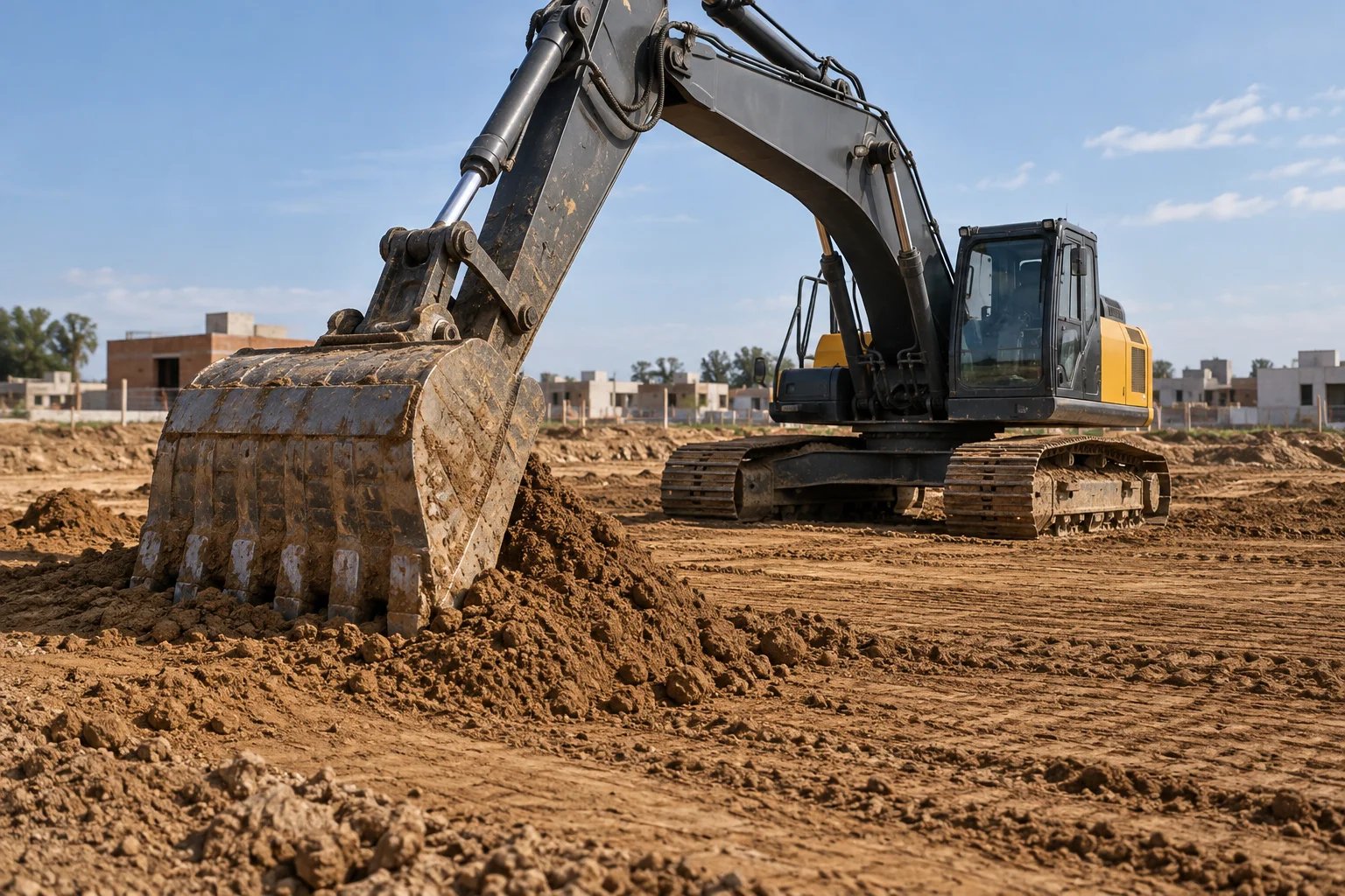Excavadora sobre orugas junto a un terreno preparado
