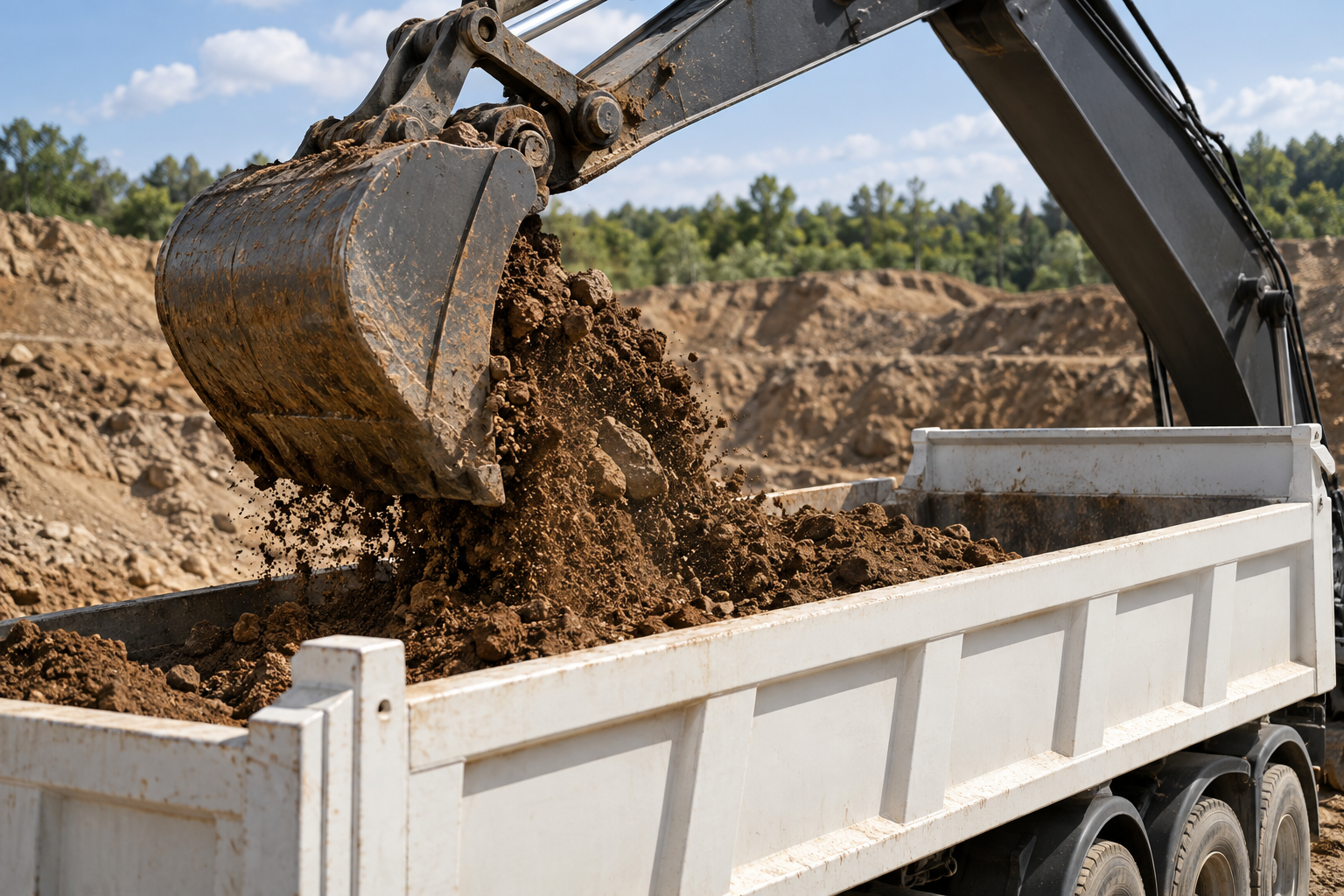 Excavadora cargando tierra en la caja de un camión